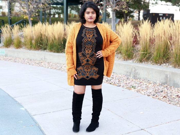 Style tips on how to wear a bodycon dress without a flat stomach. Wear a thicker and darker fabric for slimming effect. Wear it with an oversized chunky knit cardigan and over the knee boots for a fall look.