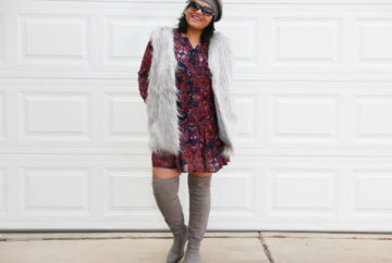 Style Tips: How to style a faux fur vest for any body type! Wear the vest with a printed dress to create a bohemian look. To create a street style look wear it with over the knee boots. To add a boho touch wear it with a fedora or beret. Wearing Zaful Faux Fur Waistcoat in Grey with enthnic printed dress in purple with ASOS OTK boots or thigh high boots.