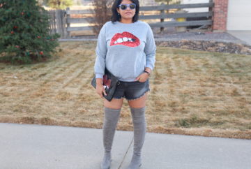 How to wear shorts in cold weather! Select a thicker fabric shorts like tweed, denim or leather and pair it with a cozy sweatshirt or sweater. Wear thigh high or over the knee boots to keep you warm. For extra layering add a scarf or jacket. This makes for a perfect street style.